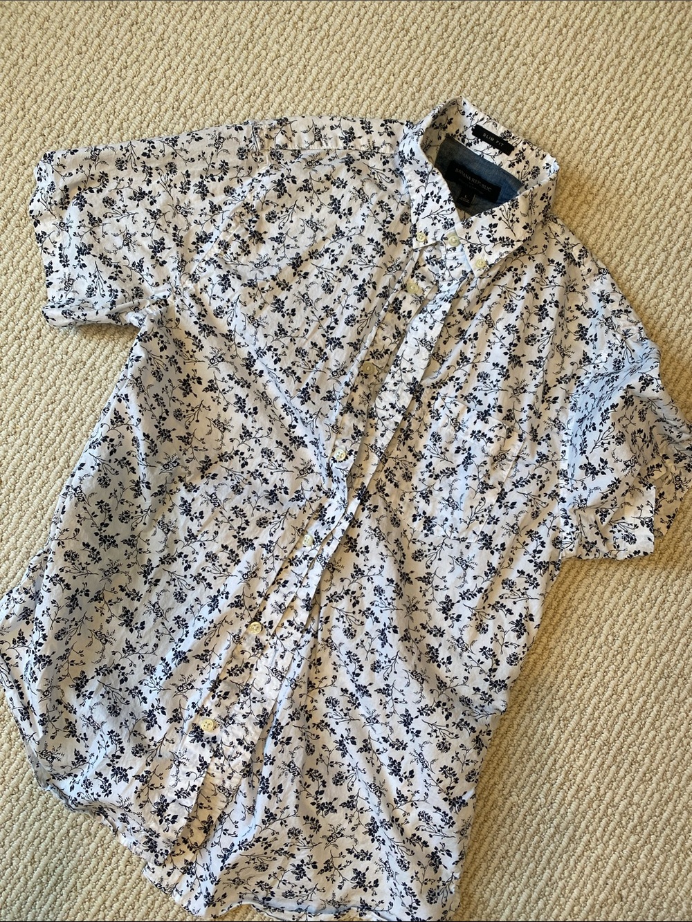 Banana Republic White Short-Sleeve Button-Down Shirt with Navy Floral Print